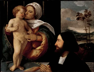 Jungfru och barn med en hängiven man målning av Giovanni Busi dit Cariani (1482-1547)