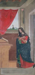 Virgin Annunciate, annunciationspanel som ursprungligen bildade en av de yttre luckorna på orgeln i San Bartolomeo, Vicenza (tempera på duk) (se 183650)