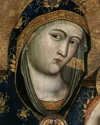 Jungfru och barn, detalj. Jungfru Marias ansikte täckt med ett genomskinligt tyg och en huva gjord av rött tyg. Detalj av porträttet av Jungfrun och barnet. Målning av Giovanni Del Biondo (ca 1356-1398). Polyptyk. Italiensk altartavla. Mått: 140x