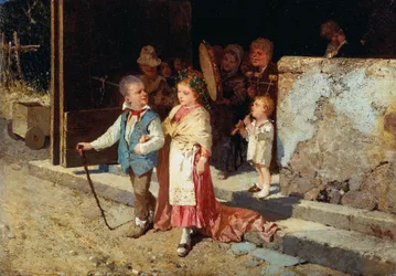 Ungt gift par, av Giovanni Del Re (1829-1919), olja på panel, 23x33 cm