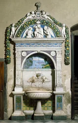 Decoree-fontän med hög relief i marmor och terrakotta av Giovanni della Robbia (1469-1529) 1498. Santa Maria Novellas sakristia, Florens