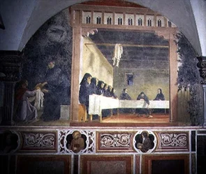 St. Benedikt och det förgiftade brödet, detalj från freskcykeln av St. Benedikts liv från Chiostro degli Aranci (apelsinklostret) c.1430-talet (fresk)