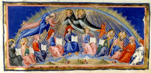 Paradiso, Canto X. Beatrice och Dante svävar bredvid solens himmel möter de som är framstående för sin visdom. De hälsas av St. Thomas Aquinas med Albertus Magnus. Nedanför sitter tio representanter för visdom; Bede, S:t Ambrosius, Isidore av Sev