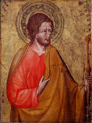 Representation av den helige Jakob Pelerin Detta är den helige Jakob majoren eller den helige Jakob, son till Zebedeus. Målning av Giovanni di Paolo (1395 / 1400-1482) 1400-talets Assisi, Museum of the Treasury of the Basilica of San Francesco och Perkins 