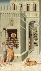 Johannes Döparen i fängelset besöks av två lärjungar - Målning av Giovanni di Paolo (cirka 1403-1482), tempera på trä (68,3x40 cm)