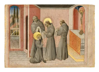 The Investiture of Saint Clare: the Saint tar emot kläderna av sin orden från Saint Francis, ca 1389-1482 (tempera & guld på panel)