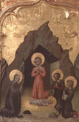 Tillbedjan av barnet av Jungfrun, St Joseph och två helgon