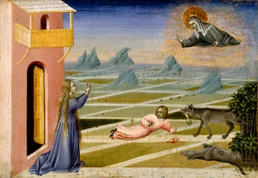 St. Clare Rescuing a Child Mauled by a Wolf, ca 1455-60 (tempera och bladguld på panel)