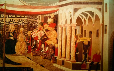 Frontal från Adimari Cassone föreställande en bröllopsscen framför dopkyrkan, ca 1450