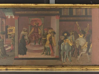 Berättelsen om Trajanus och änkan, detalj av en panel från en kassett, ca 1450 (tempera på panel)