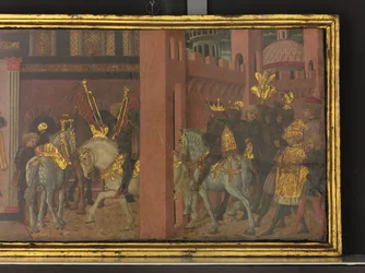 Berättelsen om Trajanus och änkan, detalj av en panel från en kassett, ca 1450 (tempera på panel)