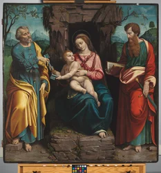 Jungfrun med barnet och heliga Petrus och Paulus, ca 1540-70 (olja på pannå)