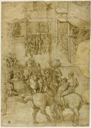 Mytologisk tävling (recto); Oläsliga inskrifter och anatomiska studier av huvudet (verso)