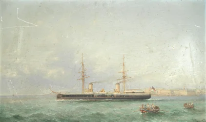 Slagskeppet HMS Inflexible på väg ut till havs från Grand Harbour, Valetta