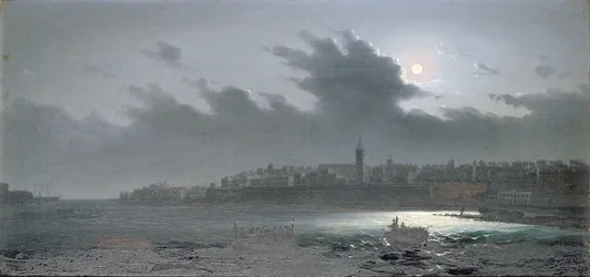 Utsikt över Malta utanför hamnen på natten, 1876