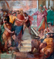 Kristus leds framför Caiphus Detalj av en av fresker av Kristi passion gjorda av Girolamo Massei (1540-1614) 1594-1600 Rom, Santa Prassede