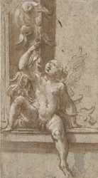 En putto sittande på en ram, ca. 1538-40.