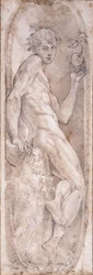 Adam håller ett äpple, sittande, i en medaljong, ca 1547-1553