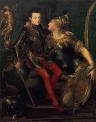 Allegoriskt porträtt av Parma som omfamnar Alessandro Farnese, 1556