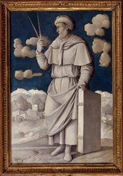 Porträtt vid foten av Euklid (325-265 f.Kr.), grekisk matematiker Målning av Girolamo Mocetto (1458-1531) 1531 Paris. Musee Jacquemart Andre - Hellängdsporträtt av Euklid (325-265 f.Kr.), engelsk matematiker. Målning av Girolamo Mocetto (1458-1531)