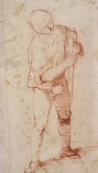 En stående man som håller en stav (krita på papper)