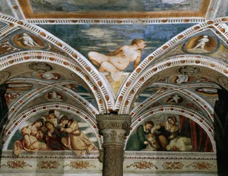 Allegori om våren med månen i förgrunden, Detalj av fresker av Girolamo Romanino (ca 1484-efter 1559), beställd av Bernardo Clesio