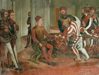 Köpmän presenterar Bartolomeo Colleoni med kläder och mattor (fresco)