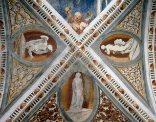 Mosaiknischer och statyer, Detalj av fresker av Girolamo Romanino (ca 1484-efter 1559), beställd av Bernardo Clesio