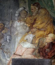 Nebukadnessar, detalj från miraklet med Daniels tre följeslagare, fresk av Girolamo Romanino (ca 1484-efter 1562), detalj av den högra väggen i Church of Saint Anthony Abbot, Breno. Italien
