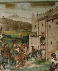 Bartolomeo Colleoni och kung Christian återvänder till Malpaga efter jaktsällskapet (fresco)