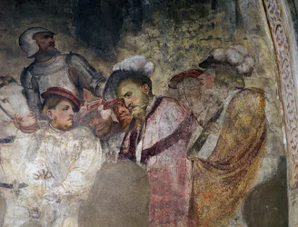 Soldat bär rustning och män bär hattar, detalj av en fresk av Girolamo Romanino (ca 1484-efter 1562), den vänstra väggen i presbyteriet i Church of Saint Anthony Abbot, Breno. Italien