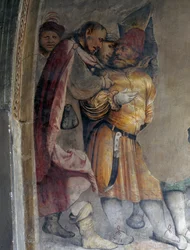 Två män som pratar med varandra, detalj av en fresk av Girolamo Romanino (ca 1484-efter 1562), den vänstra väggen i presbyteriet i Church of Saint Anthony Abbot, Breno. Italien