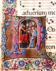 Decoree-bokstäver som representerar Jesus Kristus framför Pontius Pilatus miniatyr av Girolamo da Cremona (aktiv omkring 1451-1483) och Liberale da Verona (1445-1529) från en kör (Cod. 22/7. c.22.) från Cathedrale of Siena. 1400-talets katedral (Duom