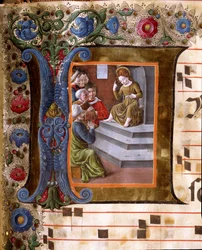 Decoree-brev som föreställer Kristusbarnet och miniatyrläkarna i Girolamo da Cremona (aktiv omkring 1451-1483) och Liberale da Verona (1445-1529) från en kör (Cod. 19/4. c.13.) från katedralen i Siena. 1400-talets katedral (Duomo) i Siena, It