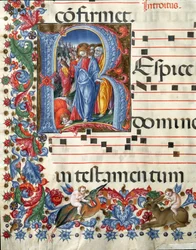 Decoree-lettere, der forestiller Kristus og spedalske miniature af Girolamo da Cremona (aktiv omkring 1451-1483) og Liberale da Verona (1445-1529) fra et kor (Cod. 19/4. c.26.) fra katedralen i Siena. Cathedrale (Duomo) i Siena fra det 15. århundrede, Ital