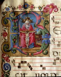 Lettrin B dekorerad som representerar den heliga treenigheten (nådens tron) Gud, Jesus Kristus och den helige Andes duva (den helige Ande). Miniatyr av Girolamo da Cremona (aktiv omkring 1451-1483) från en kör (Cod. 10/L. c.81v) från katedralen i Siena. 15