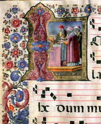 Miniatyrofferscen av Girolamo da Cremona (aktiv omkring 1451-1483) från en kör (Cod. 10/L. c.114v.) från katedralen i Siena. 1400-talets katedral (Duomo) i Siena, Italien