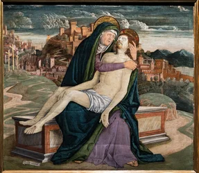Klagosång, av Gerolamo da Treviso den gamle, c.1495-7. I bakgrunden en befäst stad som skulle kunna föreställa en venetiansk by som Soave eller Marostica.