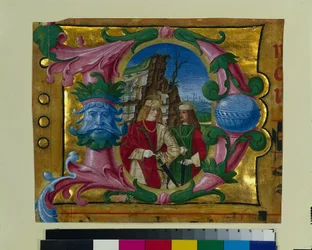 Historiserad initial (D) uttagen ur en körbok: Två heliga martyrer