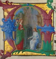 Handskriftsillumination med de heliga kvinnorna vid graven i en initial A..., italiensk, ca 1490-1500.