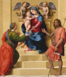 Madonna och barn på tronen med de heliga Maria Magdalena och Johannes Döparen, ca. 1523.