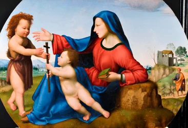 Madonna med barnet och den unge Johannes Döparen (olja på pannå)