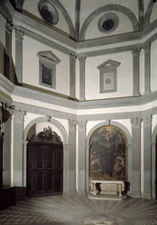 Utsikt över den åttkantiga sakristian byggd på ett projekt av Giuliano da Sangallo (1445-1516)