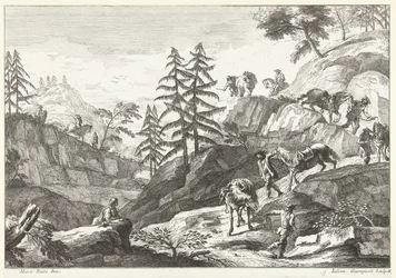 Bergslandskap med ryttare som leder hästar nedför på en stig Italienska landskap (serietitel)