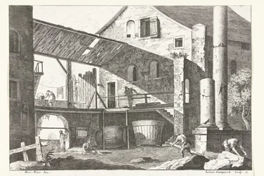 Gårdsgård med två stora tunnor Italienska landskap (serietitel)