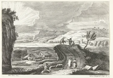 Kuperat landskap med pilgrimer på väg och den nedgående solen Italienska landskap (serietitel)
