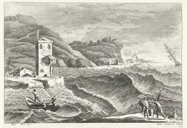 Kustlandskap med storm till havs och eldfyr Italienska landskap (serietitel)