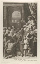 Saint Job sitter till höger och tar emot folkets gåvor..., ca. 1760-1800.