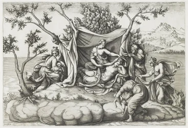 Latona föder Apollo och Diana, graverad av Diana Mantovana (f.1535), efter 1575 (gravyr)