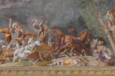 Detalj som representerar en strid, Den trojanska hästen, Trojas kammare (Sala di Troia)